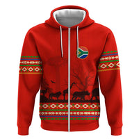 South Africa Wildlife Zip Hoodie Tribal Pattern with National Flag and Safari Silhouettes