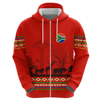 South Africa Wildlife Zip Hoodie Tribal Pattern with National Flag and Safari Silhouettes