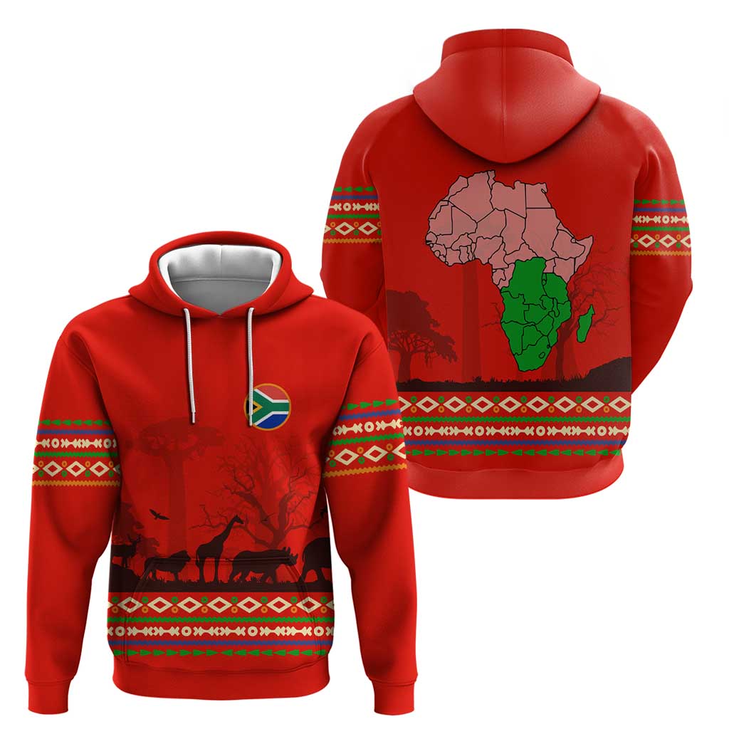 South Africa Wildlife Zip Hoodie Tribal Pattern with National Flag and Safari Silhouettes