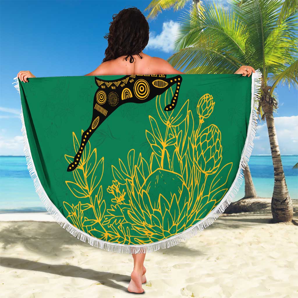 South Africa Springboks Beach Blanket with Tribal Antelope Design and Floral Accents