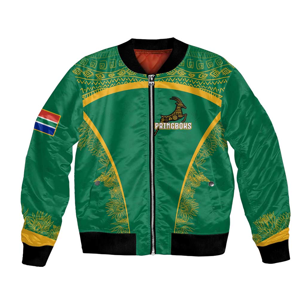 South Africa Springboks Bomber Jacket with Tribal Antelope Design and Floral Accents