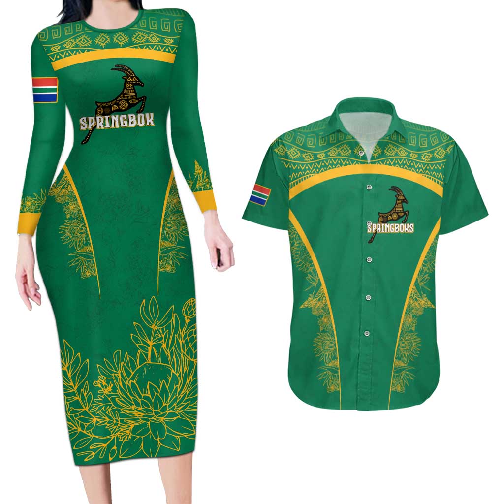 South Africa Springboks Couples Matching Long Sleeve Bodycon Dress and Hawaiian Shirt with Tribal Antelope Design and Floral Accents