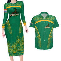 South Africa Springboks Couples Matching Long Sleeve Bodycon Dress and Hawaiian Shirt with Tribal Antelope Design and Floral Accents