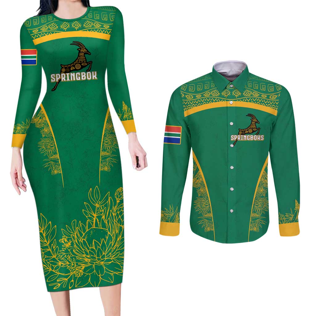 South Africa Springboks Couples Matching Long Sleeve Bodycon Dress and Long Sleeve Button Shirt with Tribal Antelope Design and Floral Accents