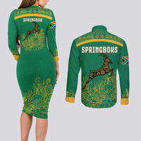 South Africa Springboks Couples Matching Long Sleeve Bodycon Dress and Long Sleeve Button Shirt with Tribal Antelope Design and Floral Accents