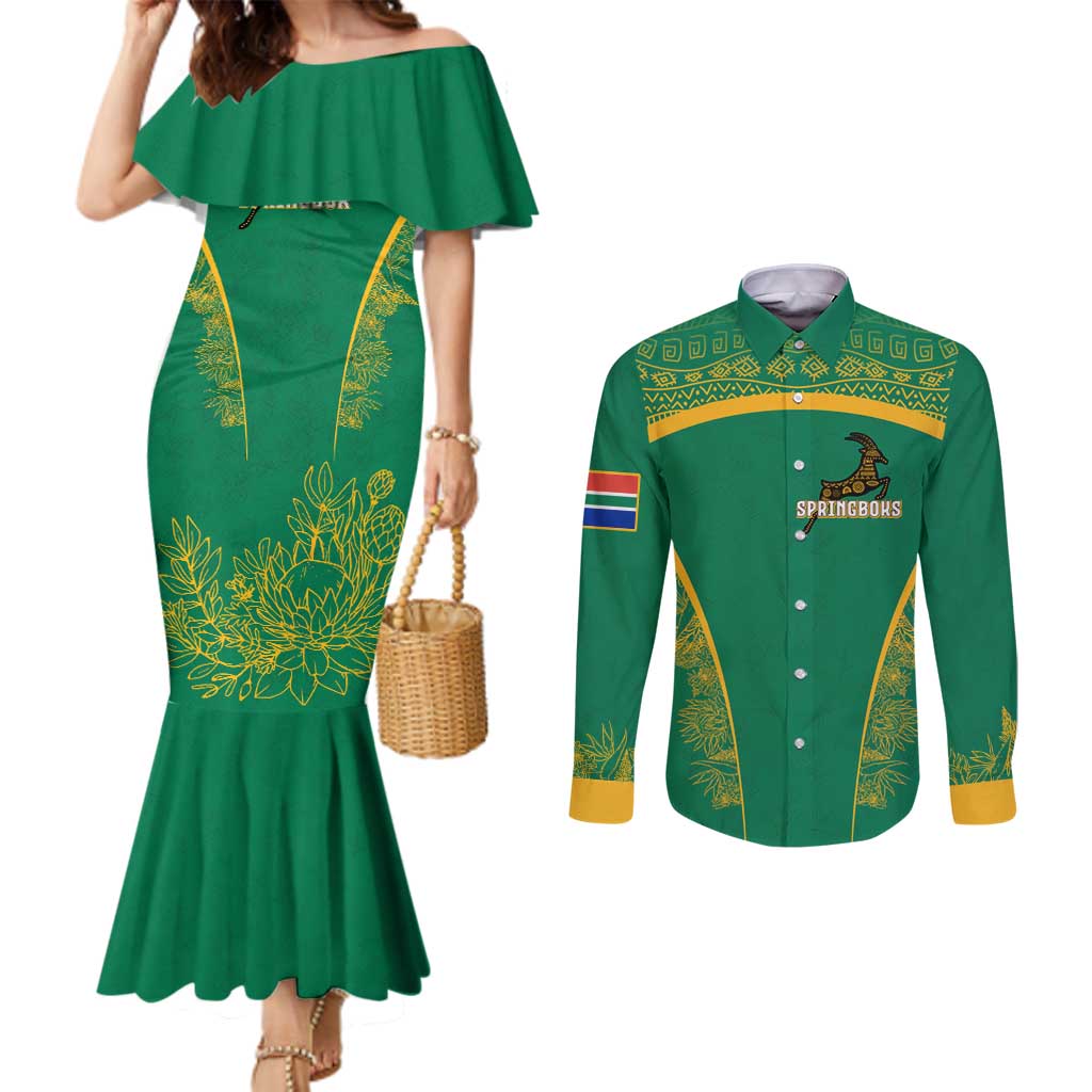 South Africa Springboks Couples Matching Mermaid Dress and Long Sleeve Button Shirt with Tribal Antelope Design and Floral Accents