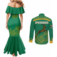 South Africa Springboks Couples Matching Mermaid Dress and Long Sleeve Button Shirt with Tribal Antelope Design and Floral Accents