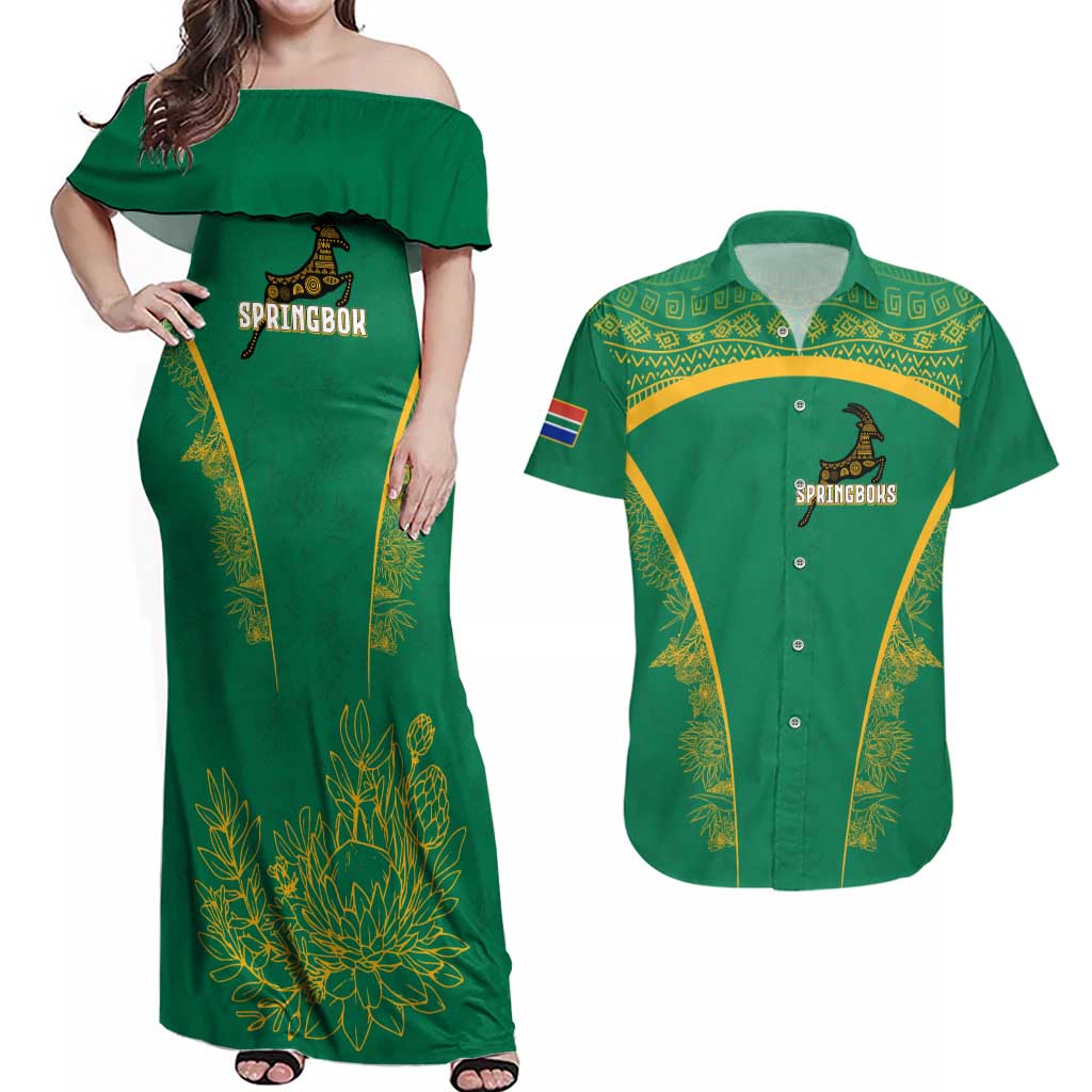 South Africa Springboks Couples Matching Off Shoulder Maxi Dress and Hawaiian Shirt with Tribal Antelope Design and Floral Accents