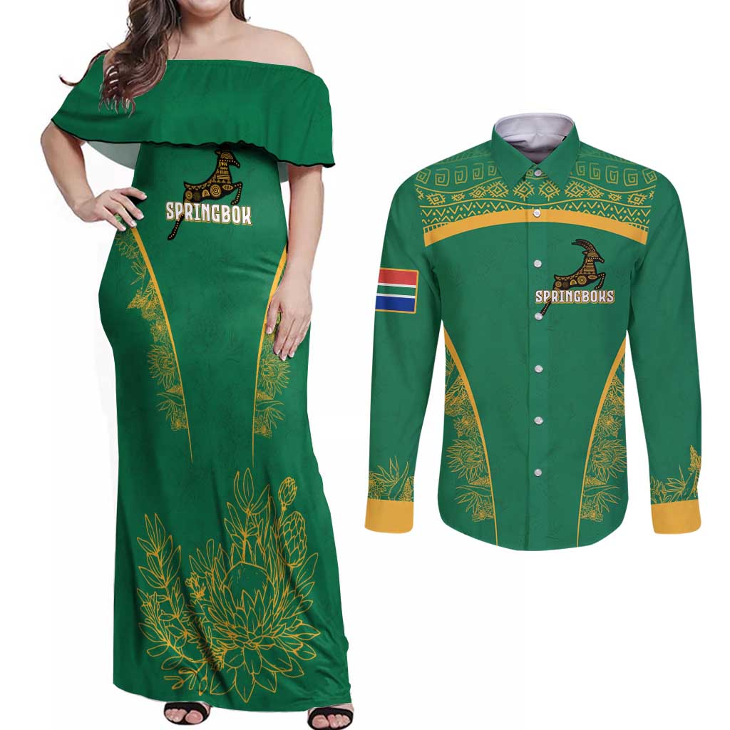 South Africa Springboks Couples Matching Off Shoulder Maxi Dress and Long Sleeve Button Shirt with Tribal Antelope Design and Floral Accents