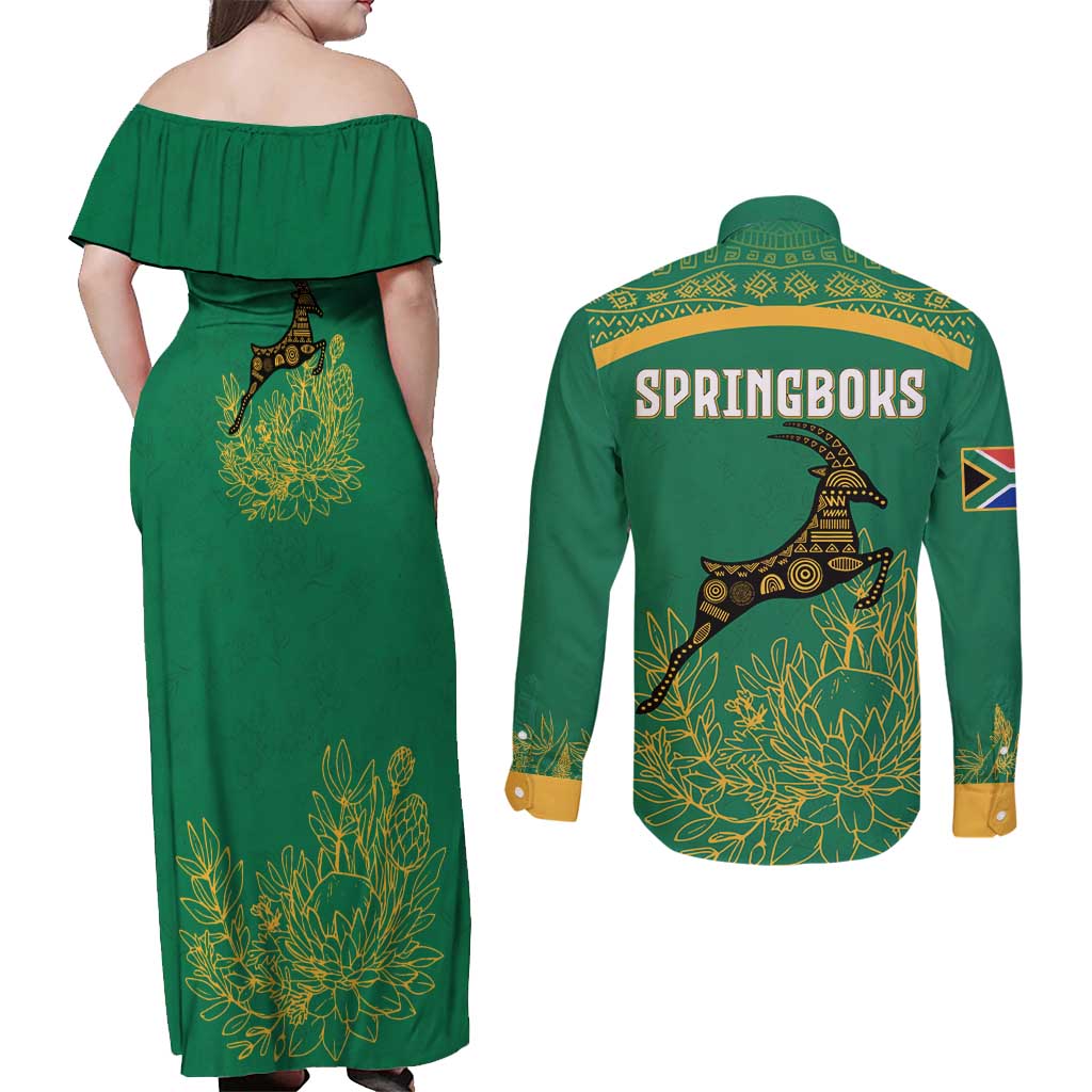 South Africa Springboks Couples Matching Off Shoulder Maxi Dress and Long Sleeve Button Shirt with Tribal Antelope Design and Floral Accents