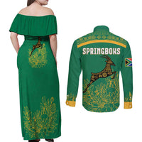 South Africa Springboks Couples Matching Off Shoulder Maxi Dress and Long Sleeve Button Shirt with Tribal Antelope Design and Floral Accents