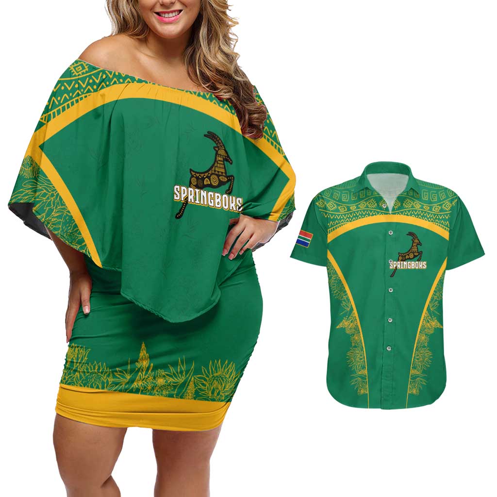 South Africa Springboks Couples Matching Off Shoulder Short Dress and Hawaiian Shirt with Tribal Antelope Design and Floral Accents