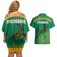 South Africa Springboks Couples Matching Off Shoulder Short Dress and Hawaiian Shirt with Tribal Antelope Design and Floral Accents