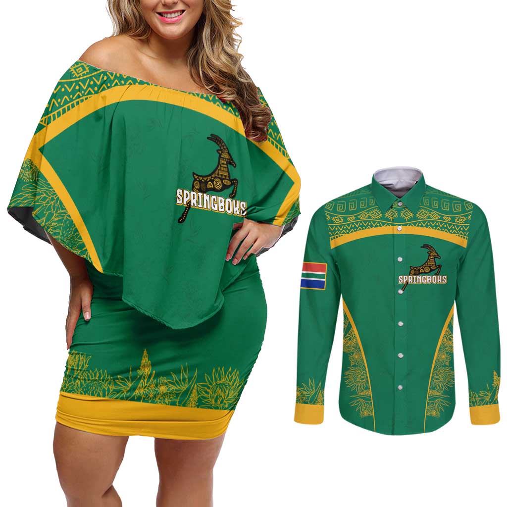 South Africa Springboks Couples Matching Off Shoulder Short Dress and Long Sleeve Button Shirt with Tribal Antelope Design and Floral Accents