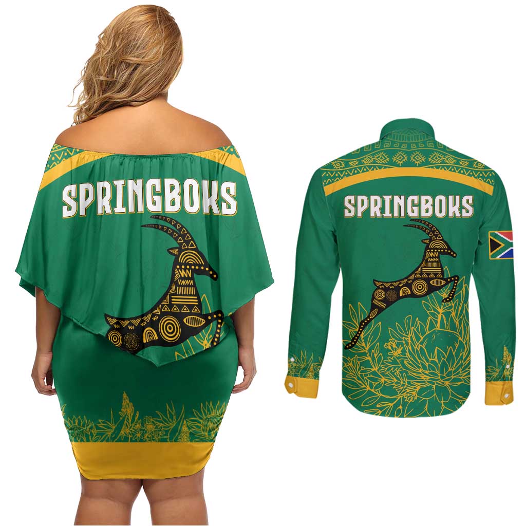 South Africa Springboks Couples Matching Off Shoulder Short Dress and Long Sleeve Button Shirt with Tribal Antelope Design and Floral Accents