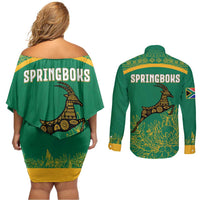 South Africa Springboks Couples Matching Off Shoulder Short Dress and Long Sleeve Button Shirt with Tribal Antelope Design and Floral Accents
