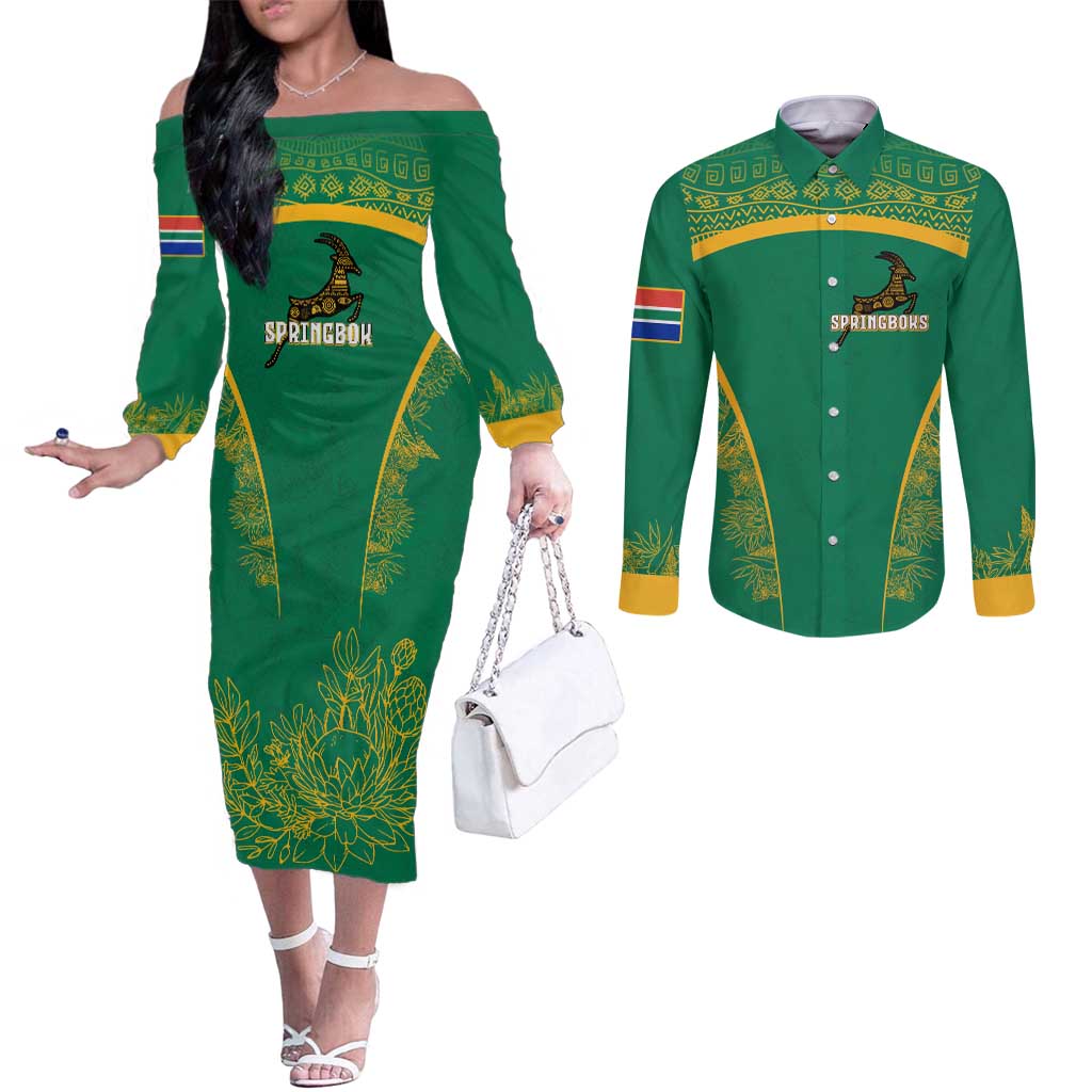 South Africa Springboks Couples Matching Off The Shoulder Long Sleeve Dress and Long Sleeve Button Shirt with Tribal Antelope Design and Floral Accents