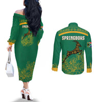 South Africa Springboks Couples Matching Off The Shoulder Long Sleeve Dress and Long Sleeve Button Shirt with Tribal Antelope Design and Floral Accents