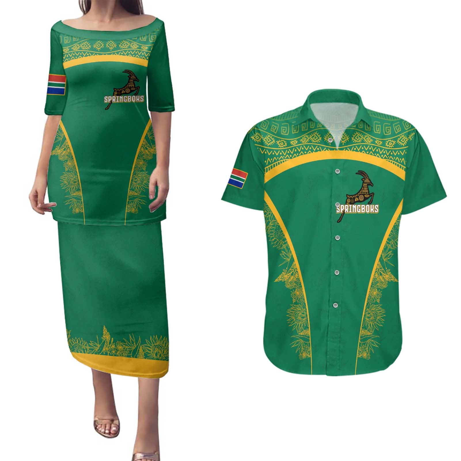 South Africa Springboks Couples Matching Puletasi and Hawaiian Shirt with Tribal Antelope Design and Floral Accents
