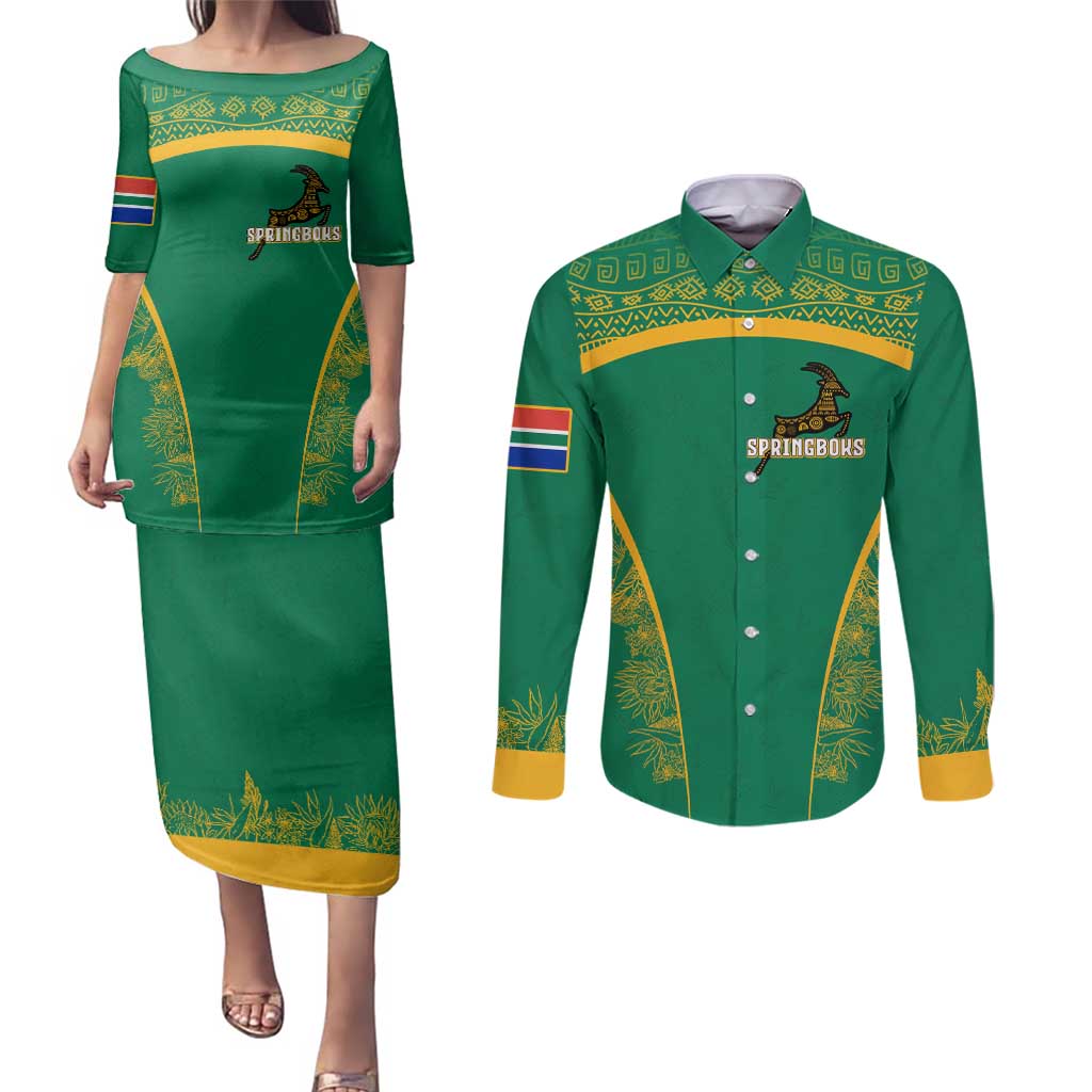 South Africa Springboks Couples Matching Puletasi and Long Sleeve Button Shirt with Tribal Antelope Design and Floral Accents
