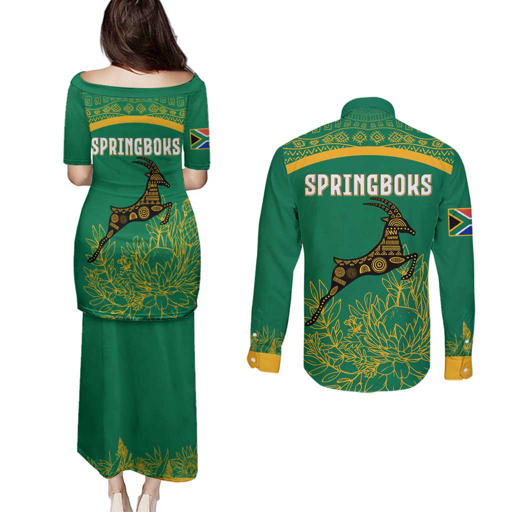 South Africa Springboks Couples Matching Puletasi and Long Sleeve Button Shirt with Tribal Antelope Design and Floral Accents