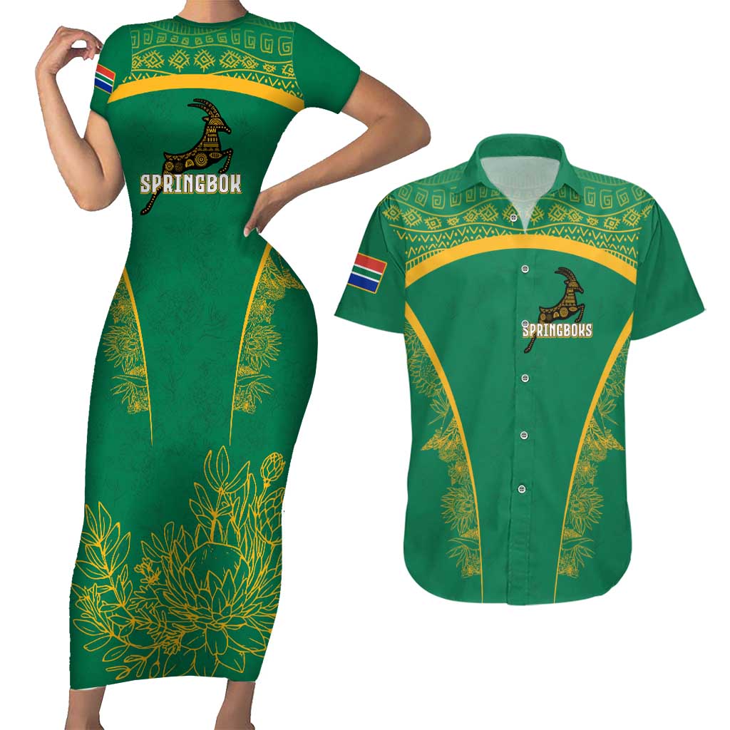 South Africa Springboks Couples Matching Short Sleeve Bodycon Dress and Hawaiian Shirt with Tribal Antelope Design and Floral Accents