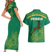South Africa Springboks Couples Matching Short Sleeve Bodycon Dress and Hawaiian Shirt with Tribal Antelope Design and Floral Accents