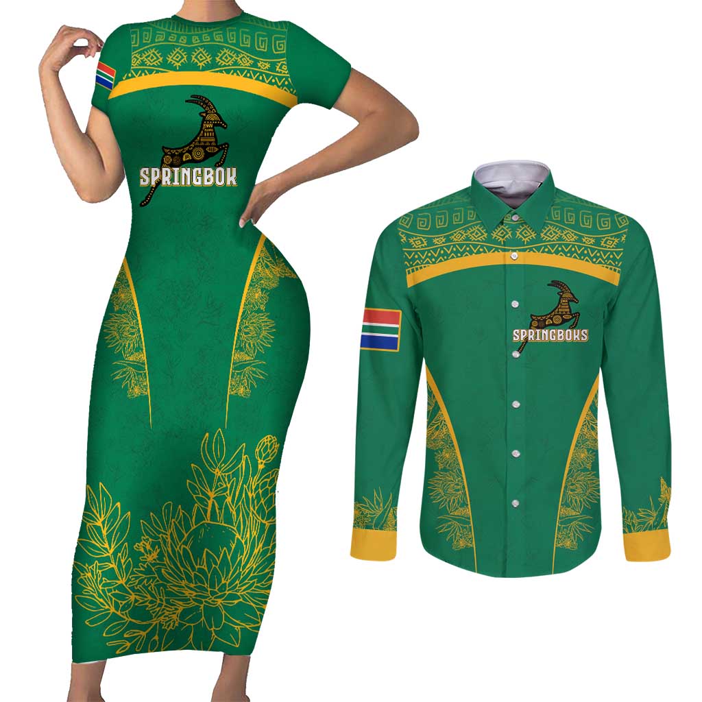 South Africa Springboks Couples Matching Short Sleeve Bodycon Dress and Long Sleeve Button Shirt with Tribal Antelope Design and Floral Accents