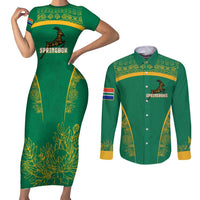 South Africa Springboks Couples Matching Short Sleeve Bodycon Dress and Long Sleeve Button Shirt with Tribal Antelope Design and Floral Accents