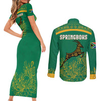 South Africa Springboks Couples Matching Short Sleeve Bodycon Dress and Long Sleeve Button Shirt with Tribal Antelope Design and Floral Accents
