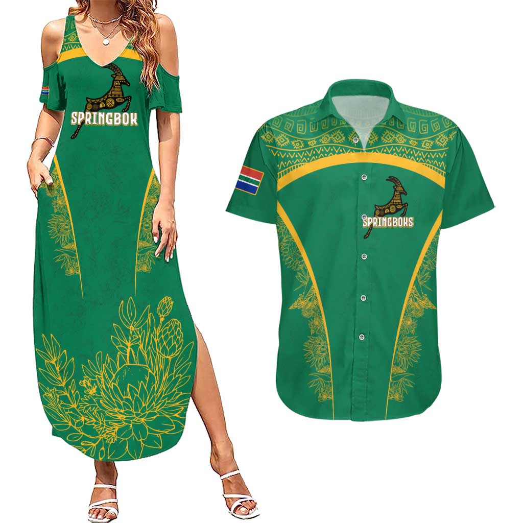 South Africa Springboks Couples Matching Summer Maxi Dress and Hawaiian Shirt with Tribal Antelope Design and Floral Accents