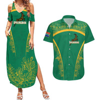 South Africa Springboks Couples Matching Summer Maxi Dress and Hawaiian Shirt with Tribal Antelope Design and Floral Accents