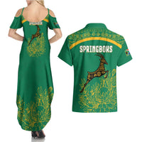 South Africa Springboks Couples Matching Summer Maxi Dress and Hawaiian Shirt with Tribal Antelope Design and Floral Accents