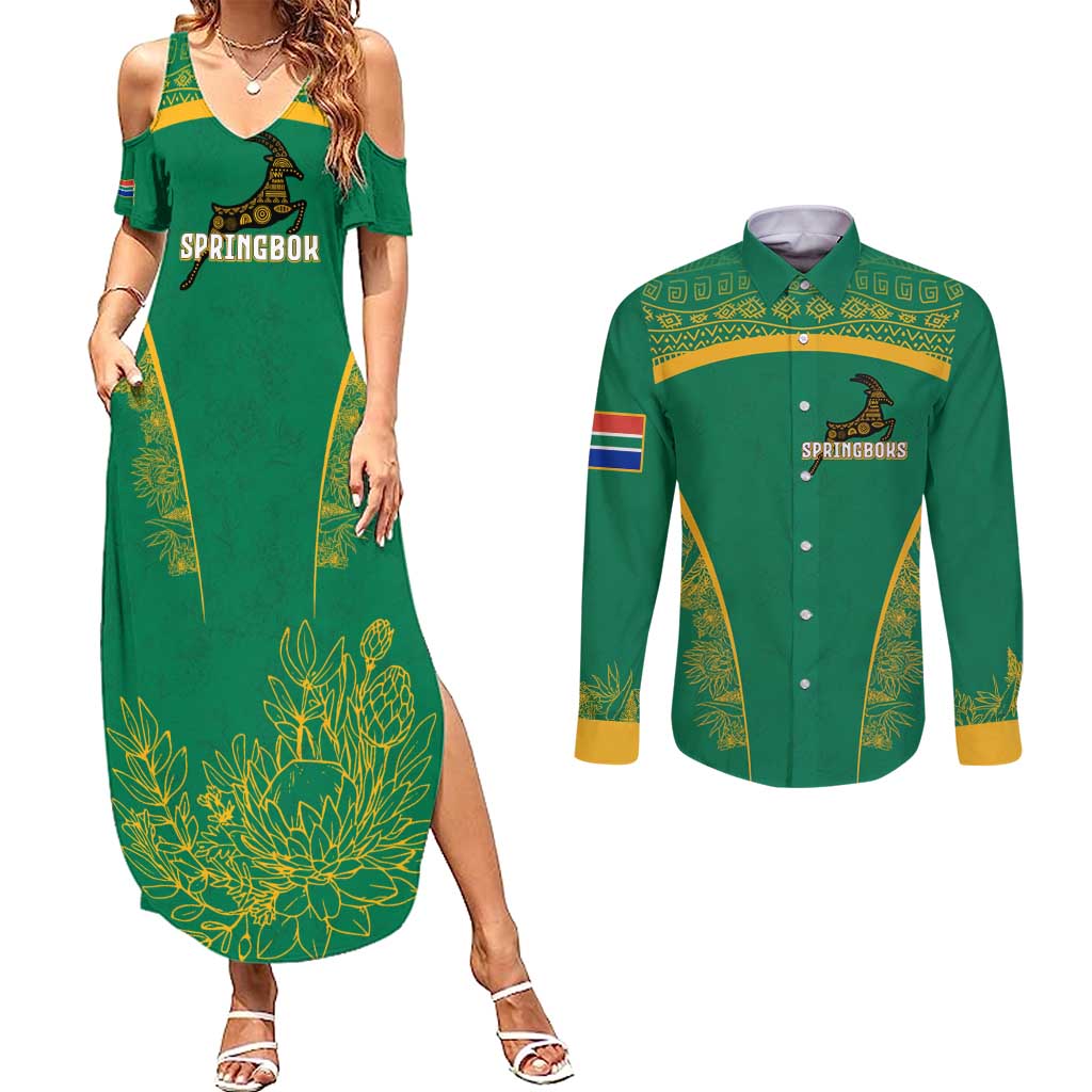 South Africa Springboks Couples Matching Summer Maxi Dress and Long Sleeve Button Shirt with Tribal Antelope Design and Floral Accents