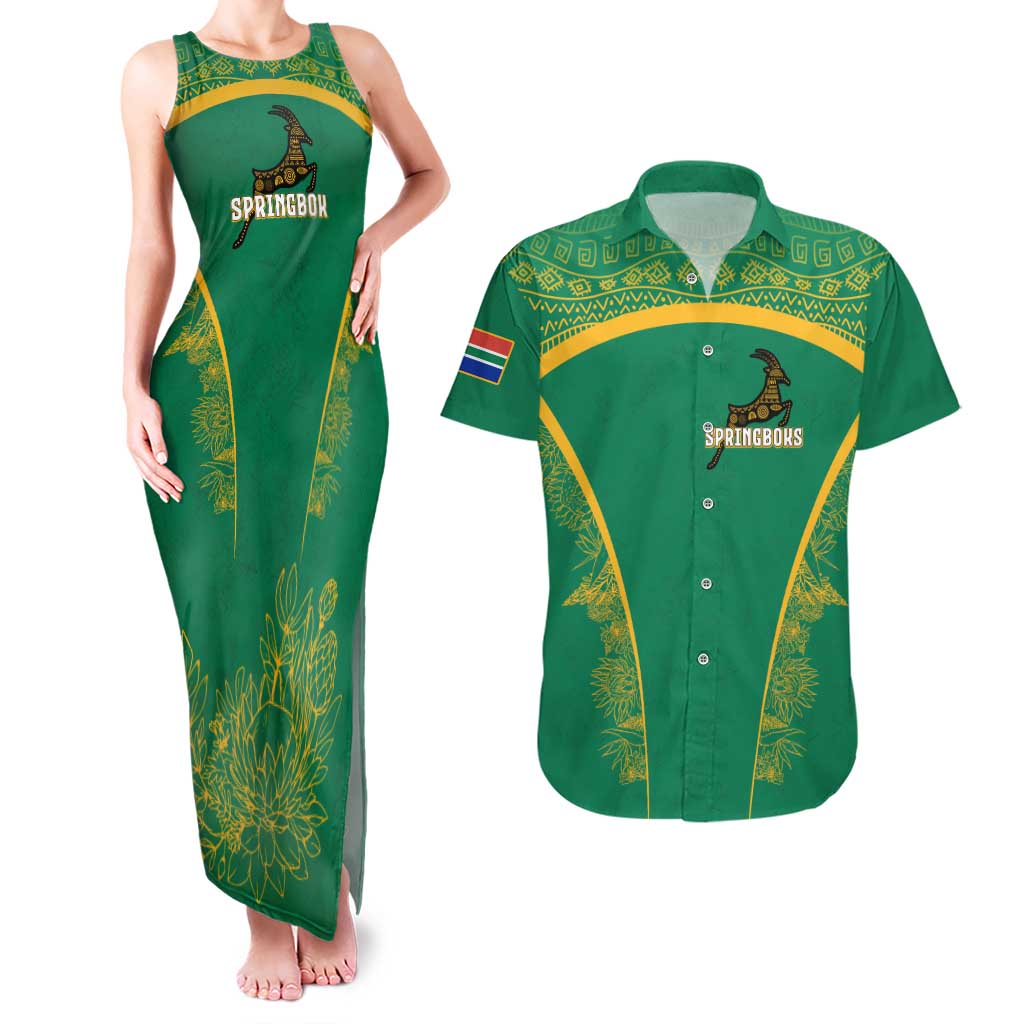 South Africa Springboks Couples Matching Tank Maxi Dress and Hawaiian Shirt with Tribal Antelope Design and Floral Accents