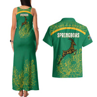 South Africa Springboks Couples Matching Tank Maxi Dress and Hawaiian Shirt with Tribal Antelope Design and Floral Accents