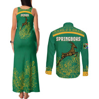 South Africa Springboks Couples Matching Tank Maxi Dress and Long Sleeve Button Shirt with Tribal Antelope Design and Floral Accents