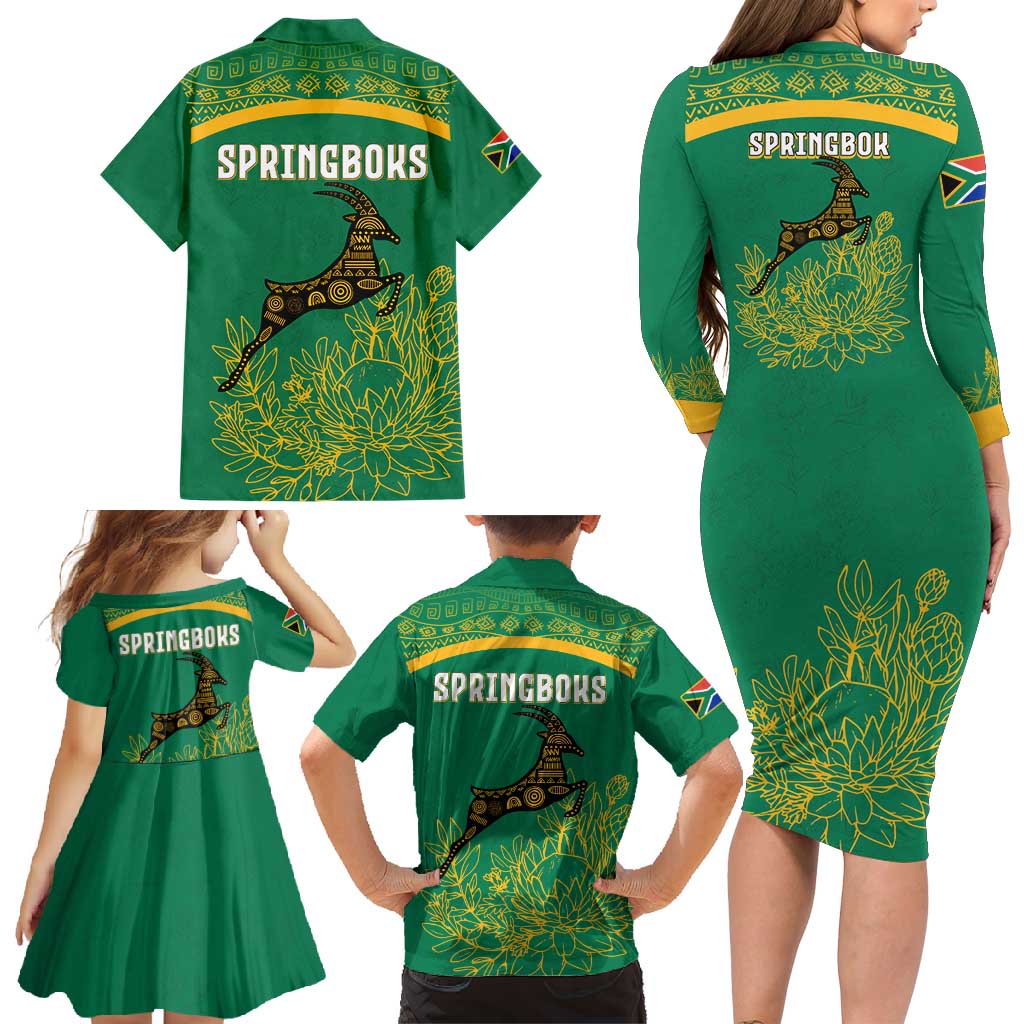 South Africa Springboks Family Matching Long Sleeve Bodycon Dress and Hawaiian Shirt with Tribal Antelope Design and Floral Accents
