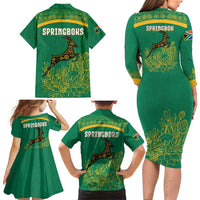 South Africa Springboks Family Matching Long Sleeve Bodycon Dress and Hawaiian Shirt with Tribal Antelope Design and Floral Accents