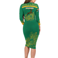 South Africa Springboks Family Matching Long Sleeve Bodycon Dress and Hawaiian Shirt with Tribal Antelope Design and Floral Accents