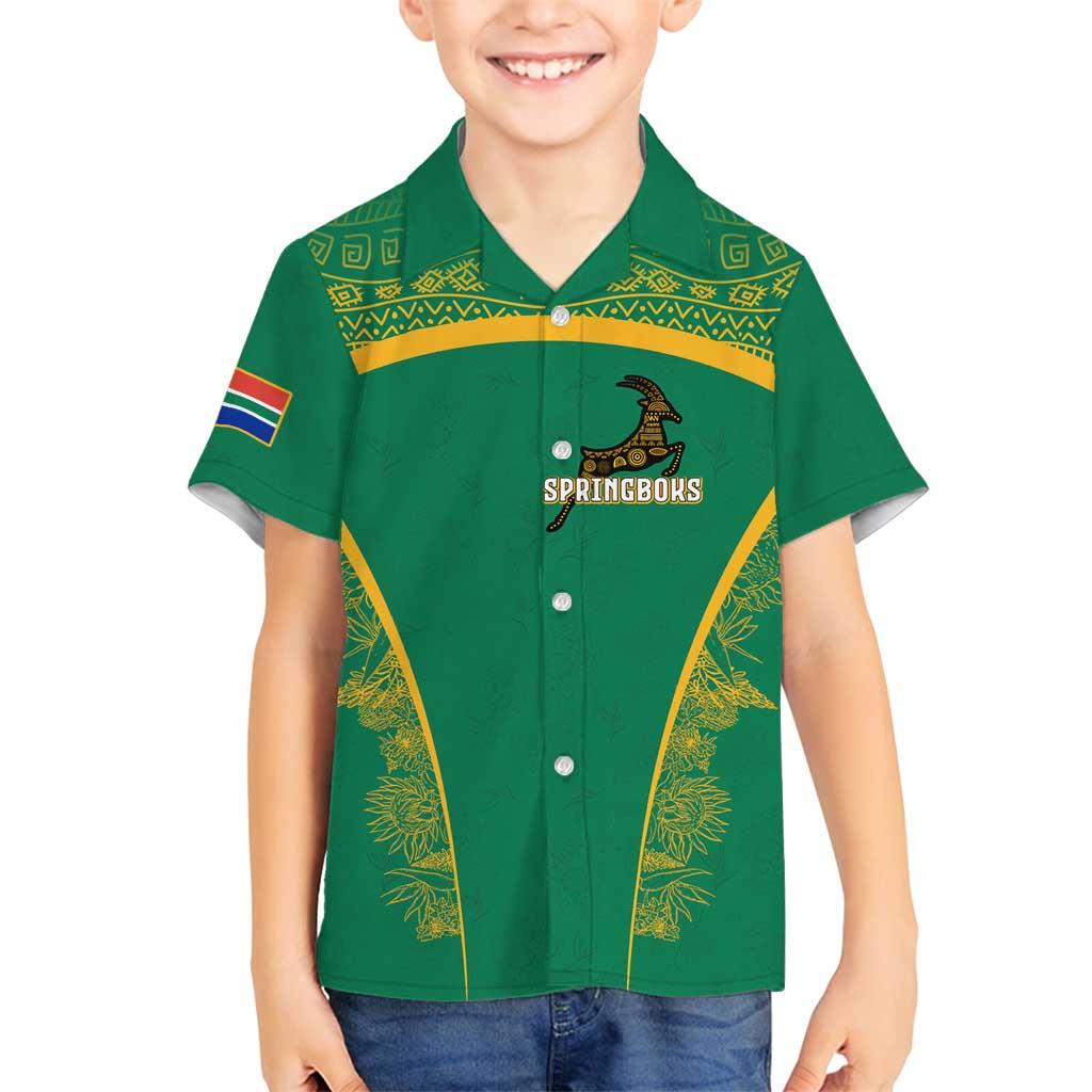 South Africa Springboks Family Matching Long Sleeve Bodycon Dress and Hawaiian Shirt with Tribal Antelope Design and Floral Accents