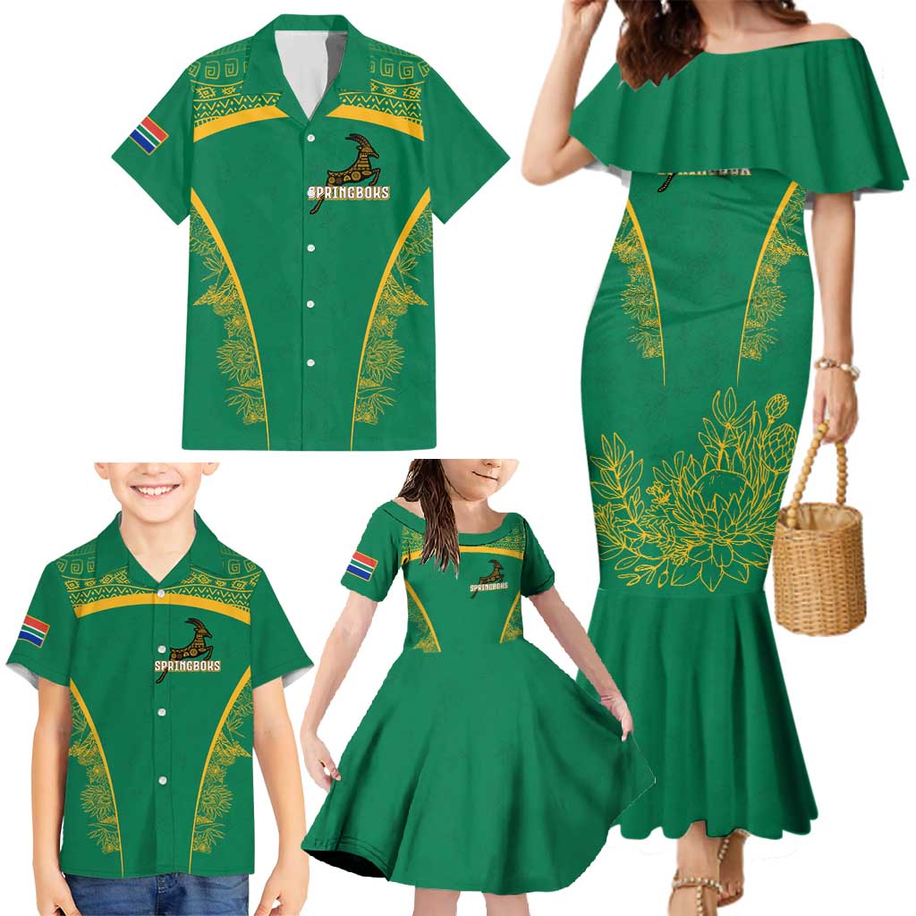 South Africa Springboks Family Matching Mermaid Dress and Hawaiian Shirt with Tribal Antelope Design and Floral Accents
