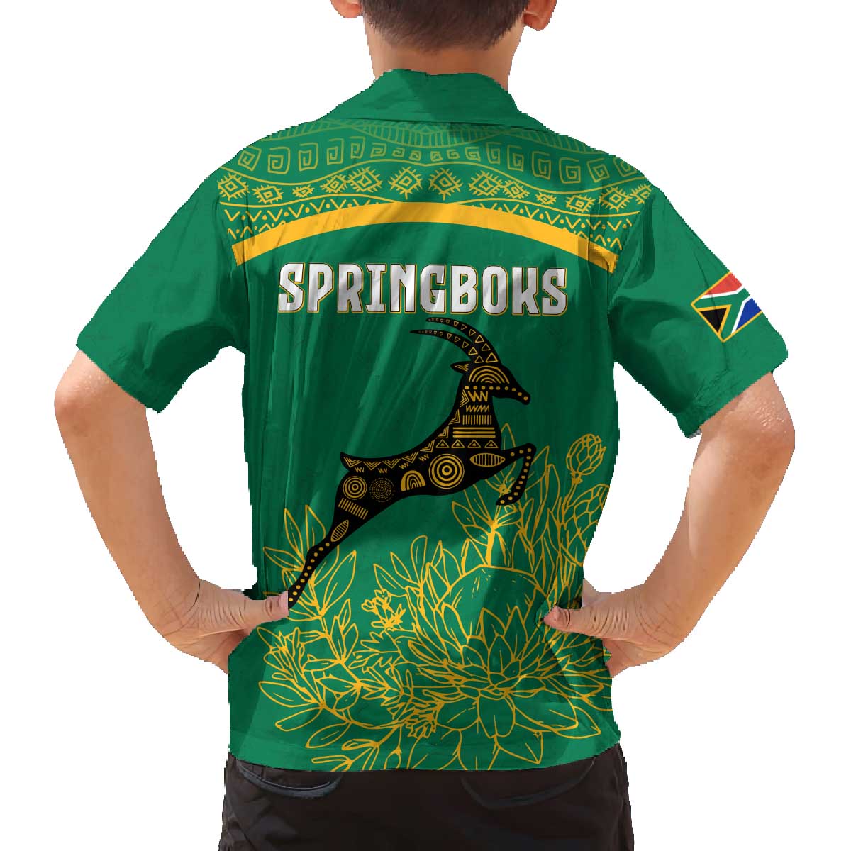 South Africa Springboks Family Matching Off The Shoulder Long Sleeve Dress and Hawaiian Shirt with Tribal Antelope Design and Floral Accents