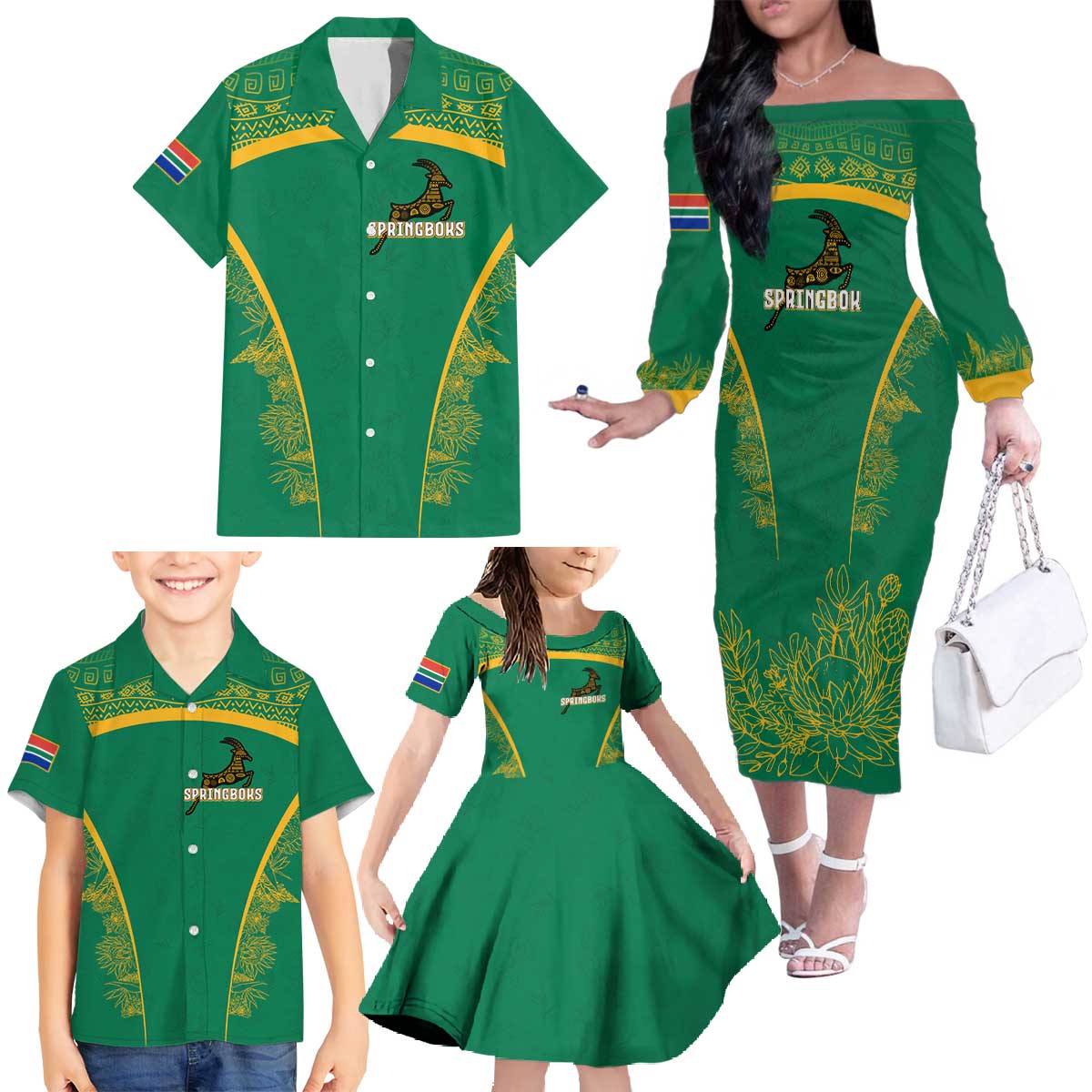 South Africa Springboks Family Matching Off The Shoulder Long Sleeve Dress and Hawaiian Shirt with Tribal Antelope Design and Floral Accents