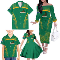 South Africa Springboks Family Matching Off The Shoulder Long Sleeve Dress and Hawaiian Shirt with Tribal Antelope Design and Floral Accents