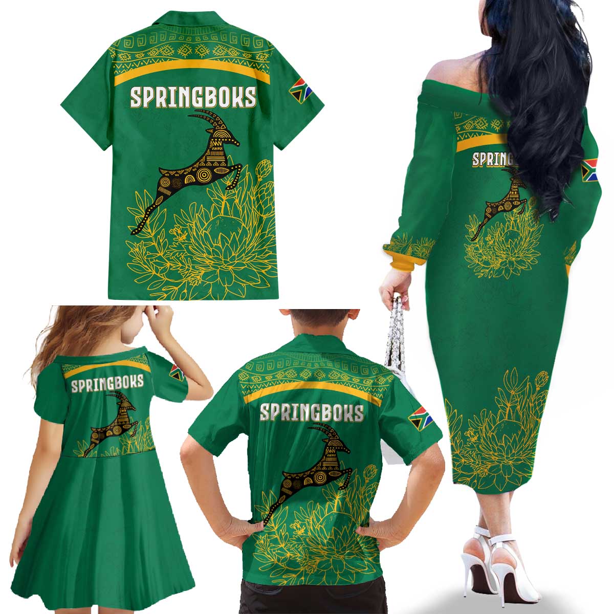 South Africa Springboks Family Matching Off The Shoulder Long Sleeve Dress and Hawaiian Shirt with Tribal Antelope Design and Floral Accents