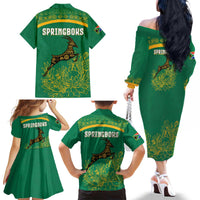 South Africa Springboks Family Matching Off The Shoulder Long Sleeve Dress and Hawaiian Shirt with Tribal Antelope Design and Floral Accents