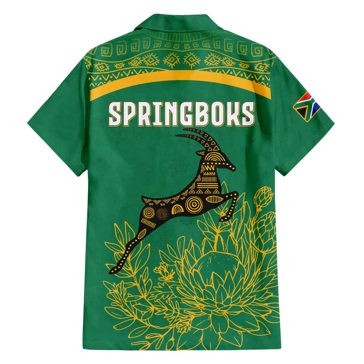 South Africa Springboks Family Matching Off The Shoulder Long Sleeve Dress and Hawaiian Shirt with Tribal Antelope Design and Floral Accents