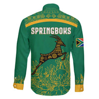 South Africa Springboks Family Matching Off The Shoulder Long Sleeve Dress and Hawaiian Shirt with Tribal Antelope Design and Floral Accents