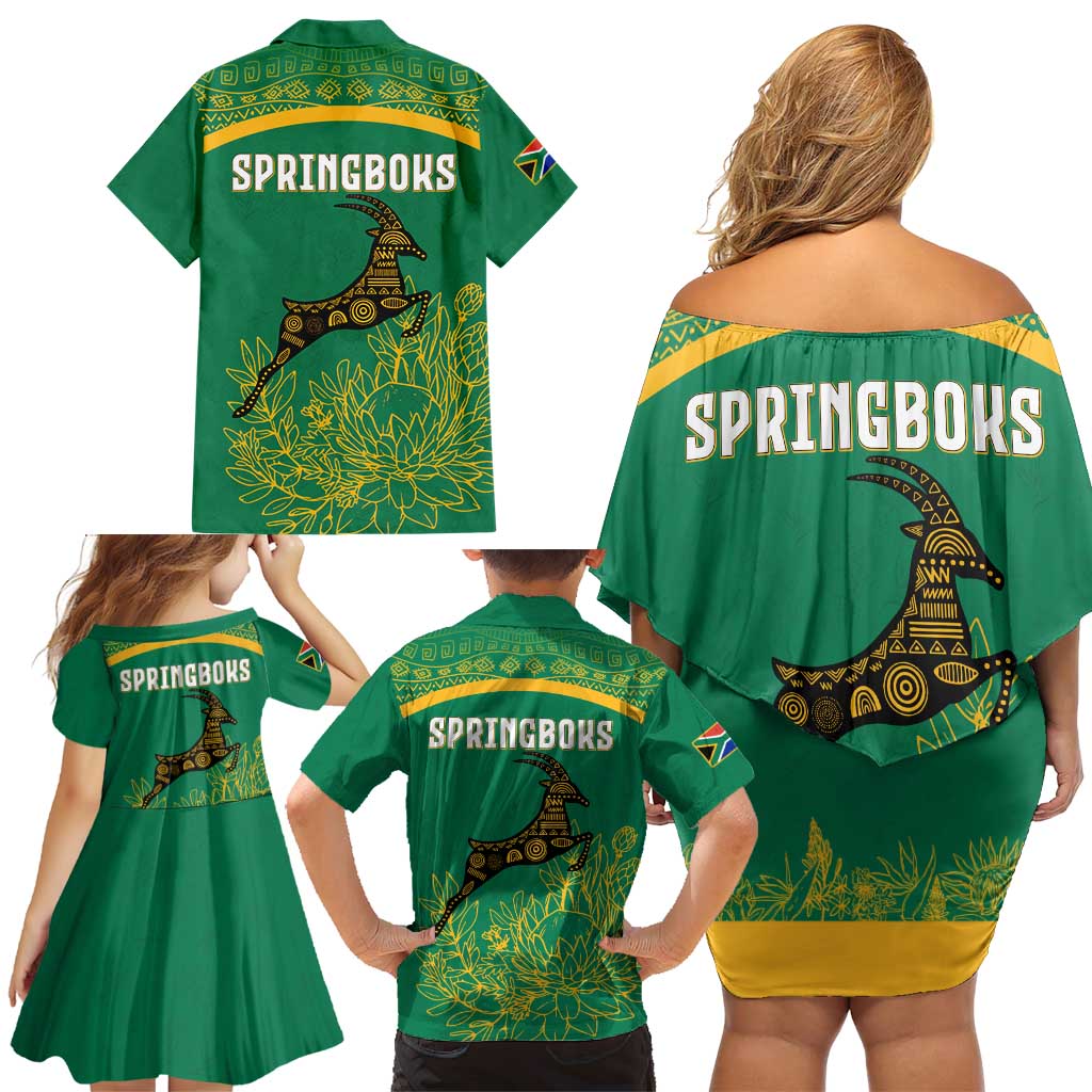 South Africa Springboks Family Matching Off Shoulder Short Dress and Hawaiian Shirt with Tribal Antelope Design and Floral Accents